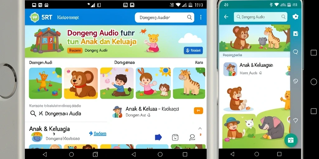 Antarmuka aplikasi 5RT yang ramah anak dengan berbagai pilihan dongeng.