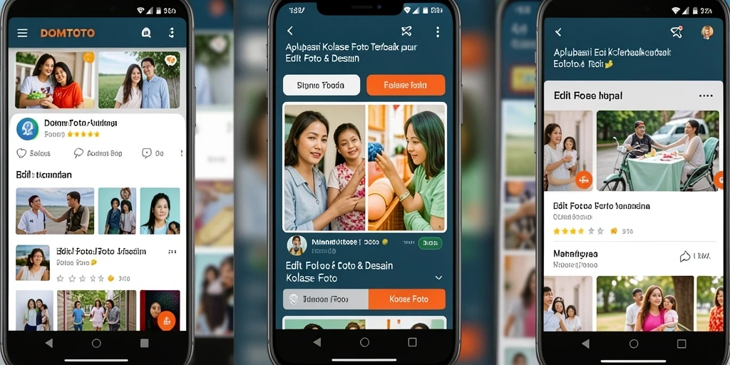 Antarmuka aplikasi DOMTOTO dengan fitur kolase foto yang menarik.