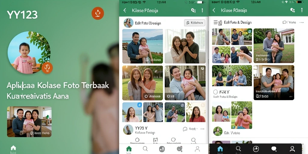Screenshot aplikasi YY123 menampilkan antarmuka kolase foto yang intuitif dan menarik.